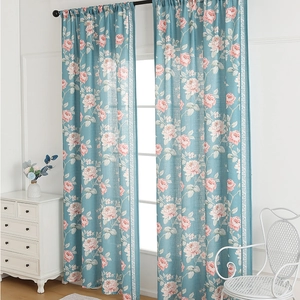 Modern floral semi-blackout curtains with pink roses on grey-blue fabric for living room