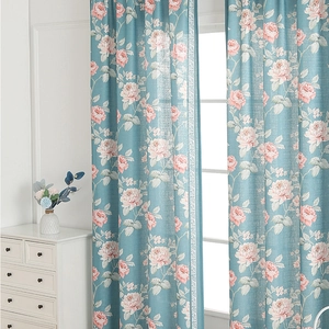 Blue botanical print blackout curtains with pink floral patterns for living room and bedroom