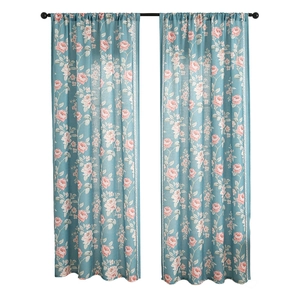 Modern floral curtains with pink roses on teal fabric for bedrooms and living rooms