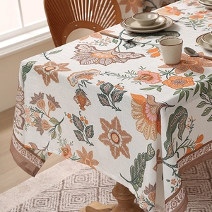 Modern floral print thickened linen tablecloth with vintage botanical patterns in warm tones