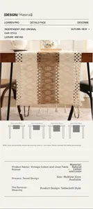 Close-up of cotton linen table runner featuring handmade woven texture and tassel details