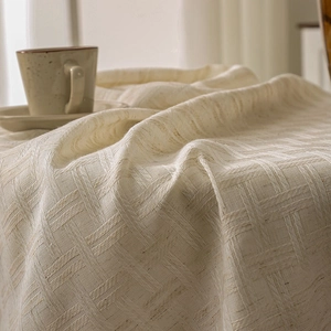 Textured cream cotton linen round tablecloth with premium woven cross-stitch pattern