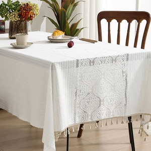 French Romantic White Lace Tablecloth With Tassels Damask Pattern Thickened Rectangular Table Cover For Dining Room Party Decor