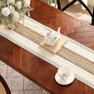 Boho cotton linen table runner with white lace crochet and brown hand-woven tassels