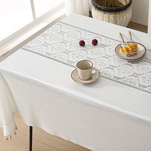 White French minimalist tablecloth with grey lace stitching and fringe tassels