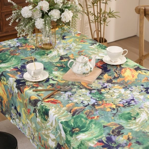 Vintage floral oil painting tablecloth in emerald green waterproof thick fabric