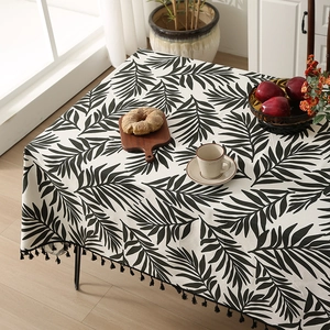 Nordic Style Rectangular Tablecloth Cotton Linen Blend Palm Leaf Print Table Cover With Tassel For Kitchen Dining Decor