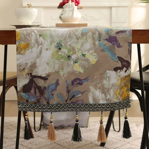 Artistic oil painting floral table runner with elegant brown tassels and fringe