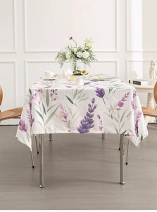 Detailed view of lavender floral print on high-quality white rectangle tablecloth