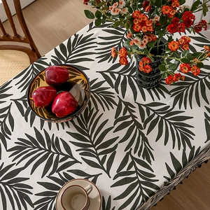 Nordic cotton linen tablecloth with palm leaf pattern and black tassel fringe