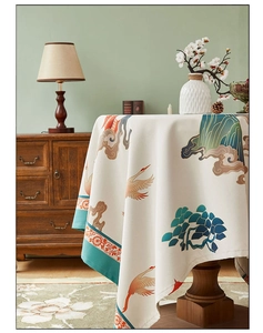 Detailed view of Oriental style crane pattern on linen-textured waterproof tablecloth