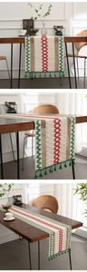 Detailed knit texture and green tassels of a bohemian cotton linen table runner