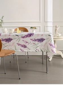 Detail showing the lavender floral print and textured fabric of this rectangle tablecloth
