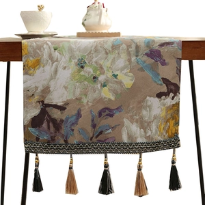Impressionist floral table runner with purple oil painting print and golden tassels
