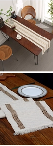 Detailed macro view of woven boho table runner with brown geometric patterns and white tassels