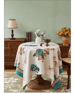 Detailed close-up of a premium Chinese crane pattern on round cotton linen tablecloth