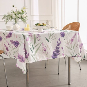 Lavender Print Rectangular Tablecloth Polyester Blended Pastoral Floral Pattern Dustproof Table Cover For Home Dining Room Decor