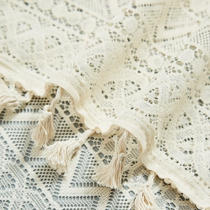 Elegant white crochet lace cafe curtain with floral hollow patterns and fringe details