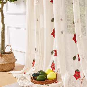 Modern beige lace sheer curtain with delicate red floral embroidery for living room