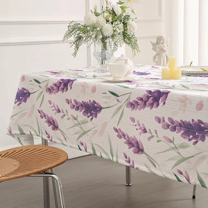 Lavender floral rectangular tablecloth with soft purple print on a white background