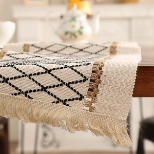 Bohemian cotton linen table runner with black geometric embroidery and tassels