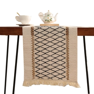 Bohemian cotton linen table runner with woven diamond pattern and fringe tassels decoration