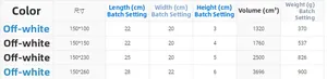 Size chart for cream fringe tablecloth detailing dimensions, weight, and volume specs