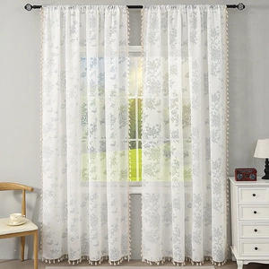 French Lace Sheer Curtain With Butterfly Floral Print And Tassel Fringe Semi Shading White Tulle Drape For Bedroom Living Room