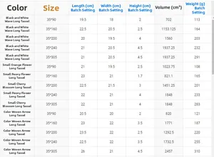 Size chart showing dimensions and weight for woven table runners with tassel details