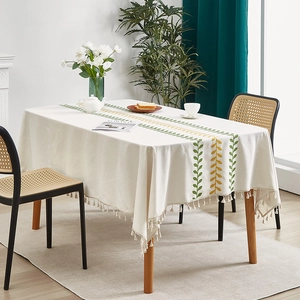 Nordic Fresh Embroidered Leaf Cotton Linen Tablecloth With Tassels Rectangular Decorative Dining Table Cover Home Decor