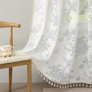French lace sheer curtain with butterfly floral jacquard and elegant tassel fringe trim