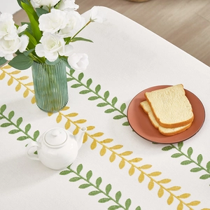 Minimalist waterproof tassel tablecloth featuring green and yellow leaf embroidery