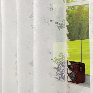 White French lace curtain with butterfly floral embroidery and decorative tassels