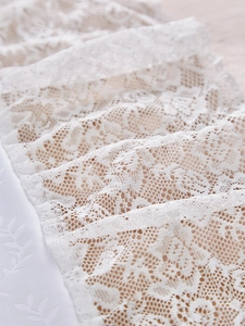 Macro shot of white lace tablecloth showing detailed floral patterns and layered textures