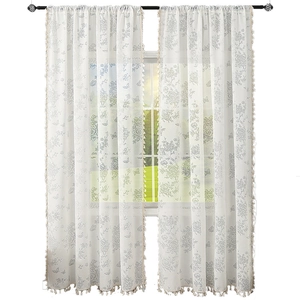 French lace sheer curtains with gray rose butterfly patterns and pompom tassels