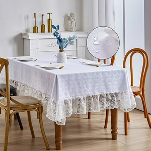 Nordic minimalist white waterproof tablecloth with floral jacquard and lace edges