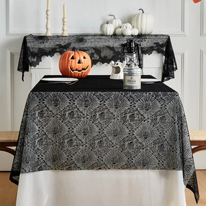 Halloween black lace spider web tablecloth set for festive dining and fireplace decor