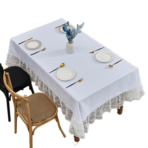 Nordic white linen-style rectangular tablecloth with geometric patterns and lace edges