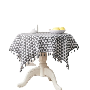 Nordic cotton linen round tablecloth with black triangle print and gray tassels