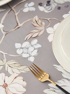 Detail showing elegant floral print on grey waterproof fabric with fine weave texture