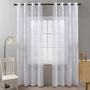 Detail of white damascus lace curtain texture with metallic eyelets in a modern living room