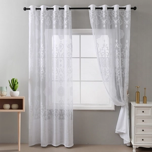 White polyester lace curtain with elegant damascus embroidery and metal grommet top