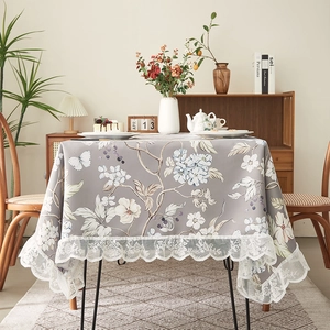 Elegant grey floral tablecloth with white lace edges for retro dining room decor