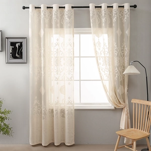 Beige lace sheer curtains with Damascus floral jacquard and metal eyelets for living room