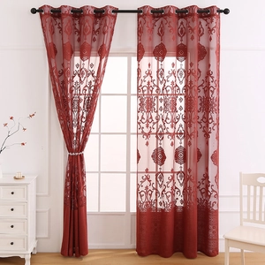 Lace sheer curtains with red damascus pattern and polyester fabric for living room window