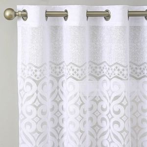 White lace sheer curtains with elegant scroll embroidery and luxury grommet top design