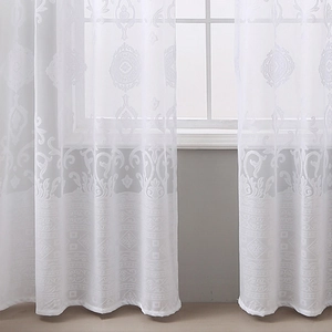 White lace sheer curtain with damask floral patterns and geometric lace edges for living rooms