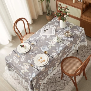 Vintage floral tablecloth in grey-purple with white lace edges for dining table decor