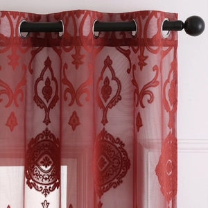 Deep red damascus lace sheer curtain with elegant embroidery and silver metal eyelets