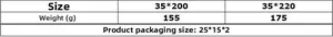 Size chart showing 35x200cm and 35x220cm dimensions and weights for linen piano covers